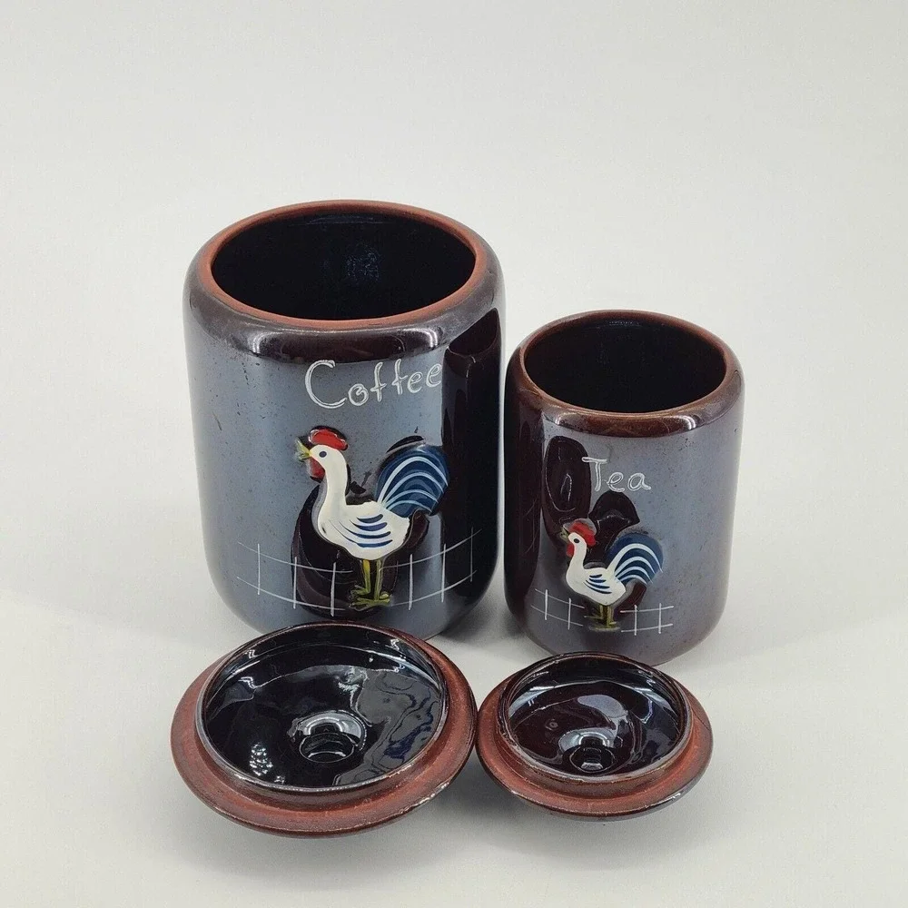 Ceramic Lusterware Hand Painted Rooster Canister Set Coffee Tea